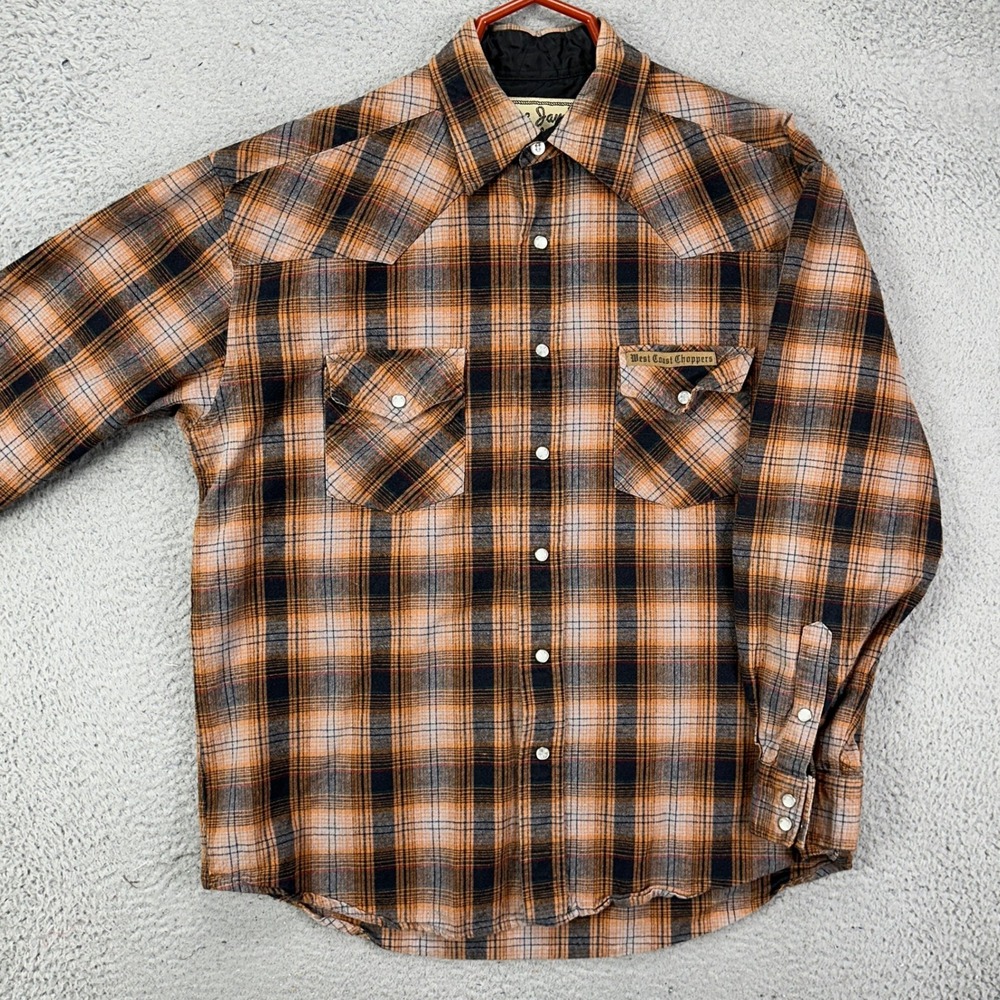 Jesse James‎ Work Wear West Cost Chopper Shirt Flannel Mens Medium Orange Plaid